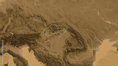 Canvas Print Shape of Slovakia with regional borders. Sepia elevation.