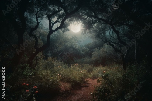 Enchanted woods illuminated by a full moon. Generative AI
