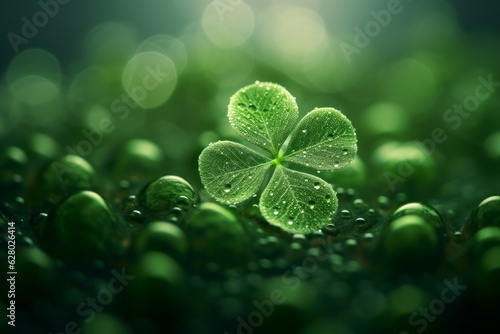Illustration of a four-leaf clover resting on a bed of vibrant green spheres, created with Generative AI technology
