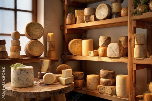 cheese wheels stacked on wooden shelves