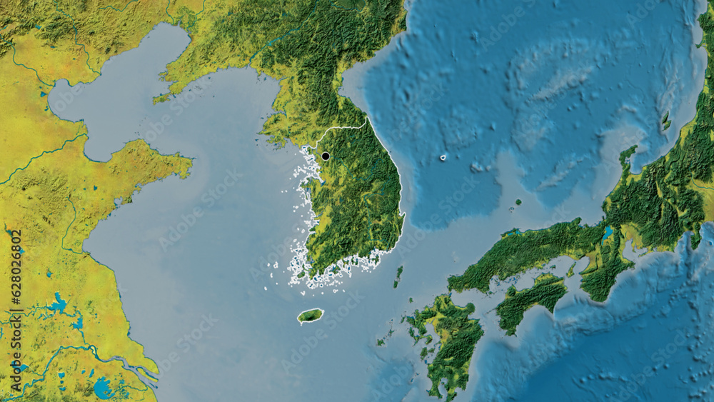 Shape of South Korea. Outlined. Topographic.
