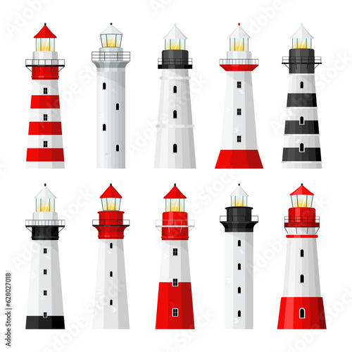 Set of colorful coastal Lighthouses in flat design