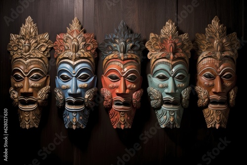 traditional balinese masks in a row