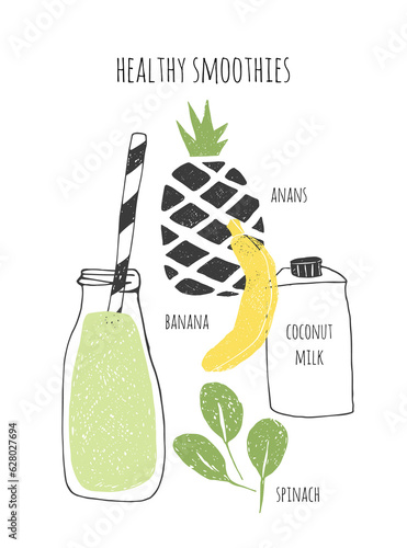 Hand drawn healthy smoothie recipe. Texture pineapple, banana, spinach, coconut milk.