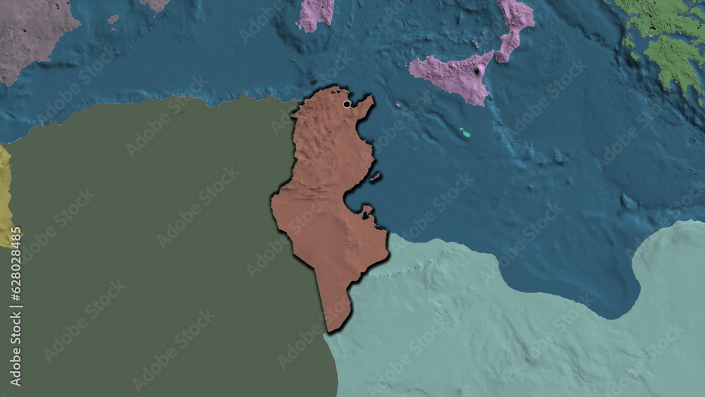 Shape of Tunisia. Bevelled. Administrative.