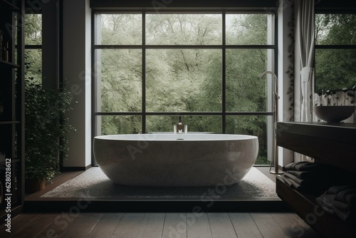 Contemporary interior featuring a bathtub. Generative AI © Artur