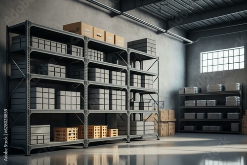 Inside view of factory warehouse with multi-tiered metal shelving and storage boxes on a concrete floor. 3D rendering. Generative AI