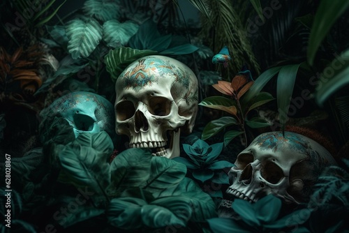 Skulls and tropical flora merged. Generative AI