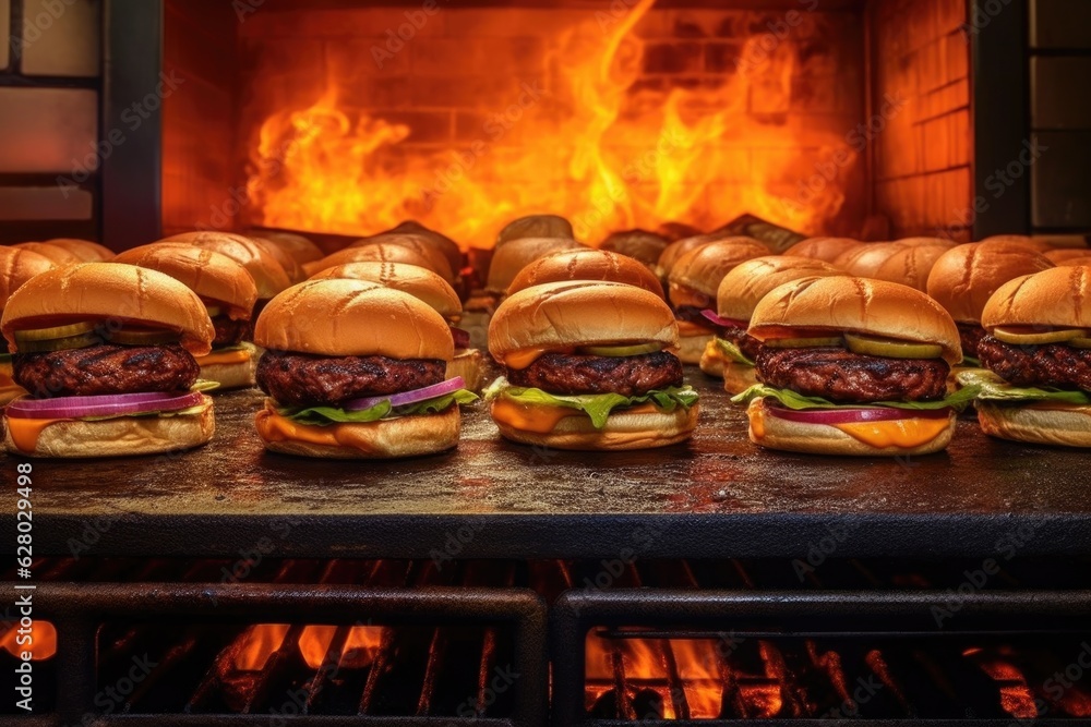 burger patties lined up on grill, flames licking edges