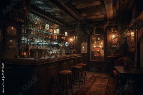 Dark, atmospheric bar adorned with vintage decorations, exuding a speakeasy ambiance. Generative AI