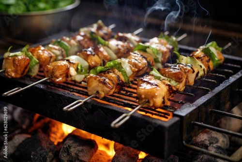 chicken skewers on a smoky charcoal grill