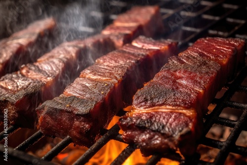 close-up of smoking bbq ribs in a smoker