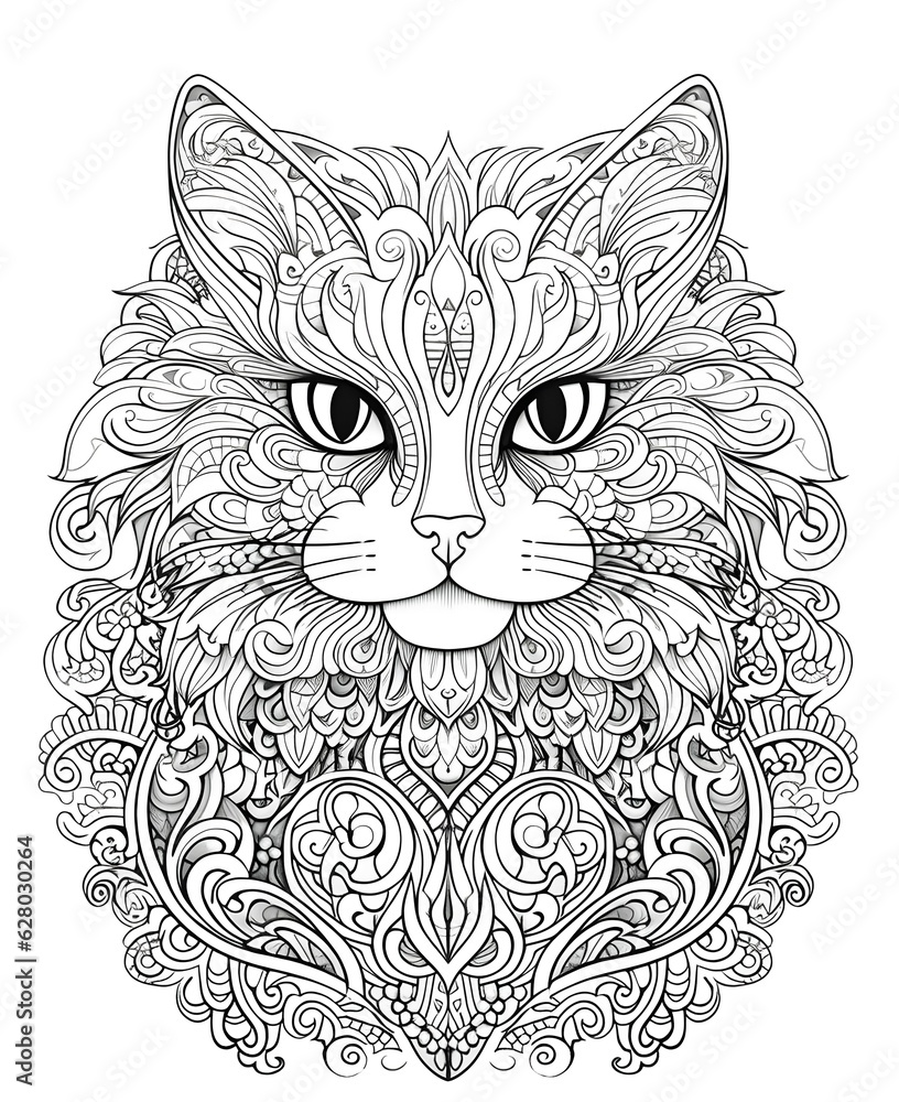 coloring page for adults, mandala, British Longhair cat image, white ...