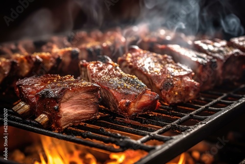 Photo close-up of juicy bbq ribs in a smoker
