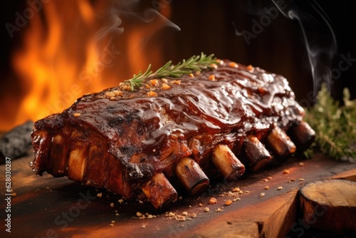 bbq ribs with sauce and smoke in the background