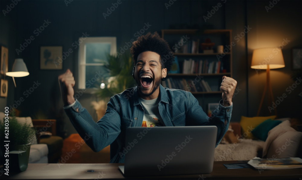 smiling and rejoices in victory sitting on sofa smiling and rejoices in victory sitting on sofa