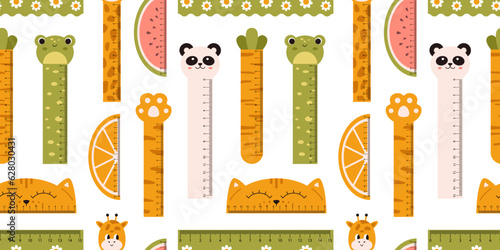 Vector seamless pattern with cute measuring rulers. Kawaii background in flat design. Funny animals and fruits on rulers seamless pattern. Print with measuring tools.