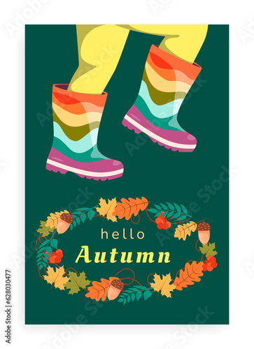 Illustration with autumn fallen leaves, colorful galoshes, gumboots.  Vector templates for cards, posters, flyers, covers and more. Hello Autumn.