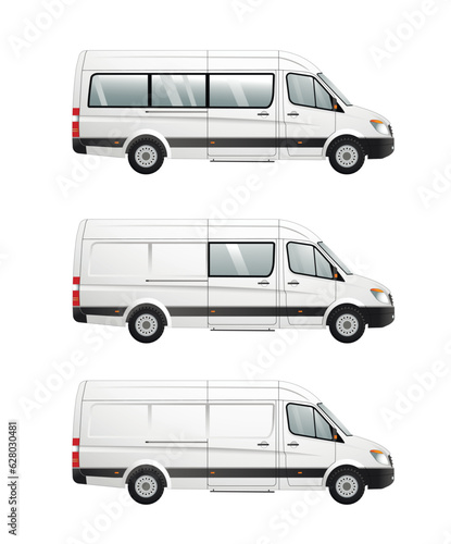A set of vector images of variants of minibuses with an extended base. Passenger, cargo-passenger, cargo. Urban transport.