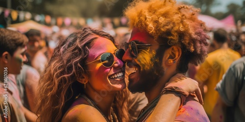 Woman and Man Dancing with Cheerful Colors and Sun-Kissed Palettes, Capturing the Essence of the Moment with Lively Facial Expressions