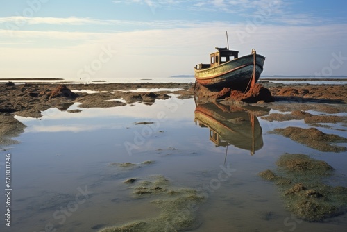 tilted boat in shallow lagoon at low tide