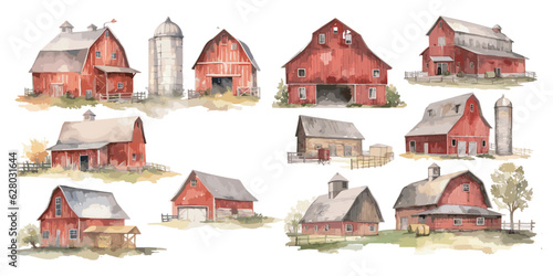 Watercolor Red Farm Barn clipart for graphic resources