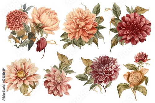 Autumn clip art dahlia flowers, seamless decorative pattern elegant print, garden pattern © Alen