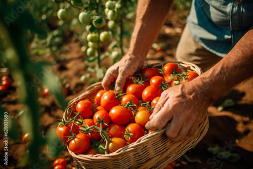 Male farmer's hands hold a basket with a new crop of tomatoes © Yuliya