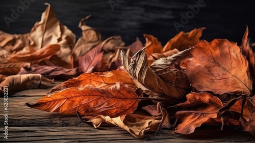 Orange brown fallen dry twisted leaves lie on an old cracked wooden surface. Generative Ai