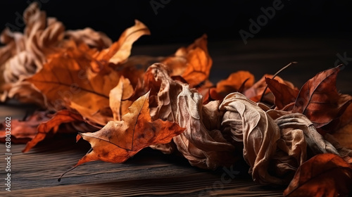 Dry autumn leaves on wooden background. Generative Ai