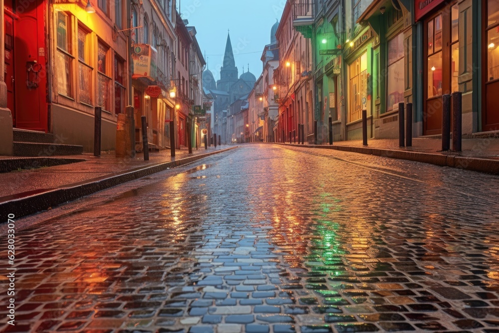 dew-covered cobblestones reflecting colorful storefronts