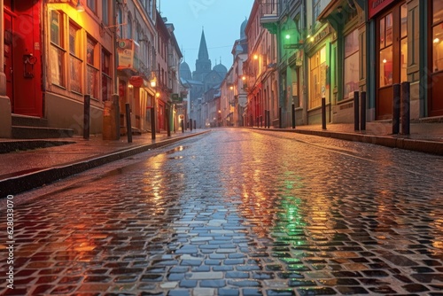 dew-covered cobblestones reflecting colorful storefronts