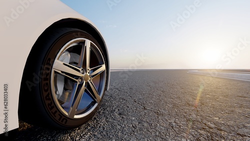 Car wheel on road at sunset 3d render