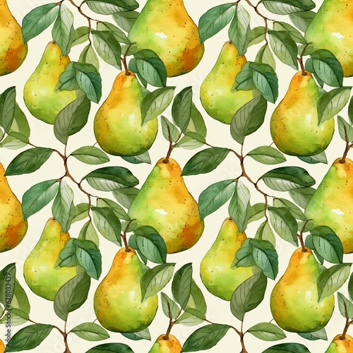 Pears in the tree. Fruit pattern, seamless pattern of pears and leaves. botanical watercolor