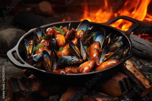 mussels in a cast iron skillet over open flame