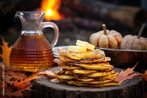 pancakes stacked on a plate with melting butter and maple syrup, campfire in background