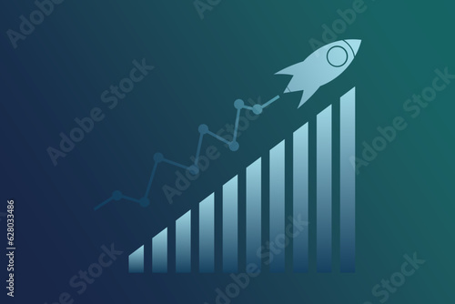 Business graph with rocket Fly on blue gradient background. Business financial start up growth success concept vector illustration.