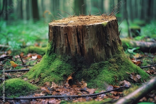 close-up of tree stump in deforested area