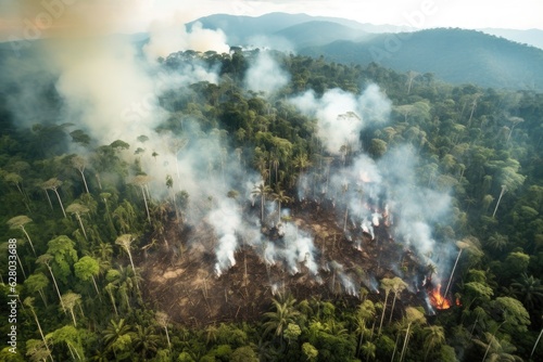 smoke rising from a burning rainforest due to slash and burn