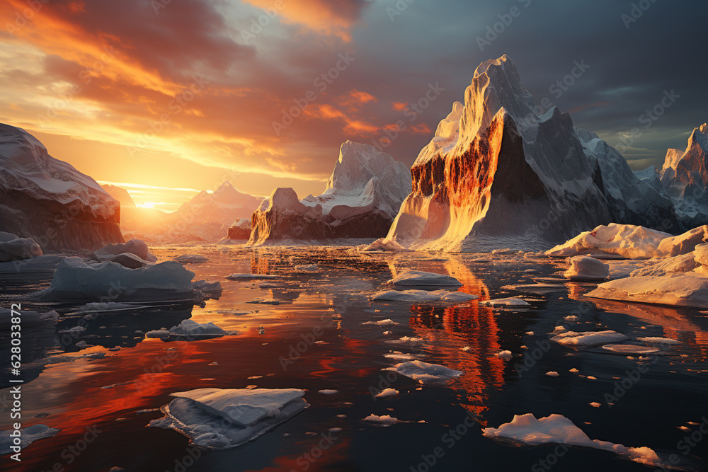 An iceberg at sunset, illuminated by warm, golden light, creating a serene and peaceful ambiance that contrasts with its icy surroundings.  Generative AI technology.