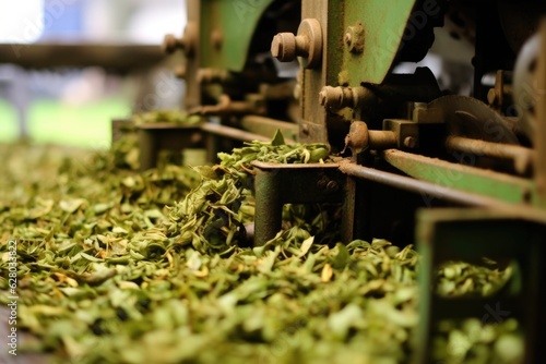 close-up of tea leaves being rolled in machinery