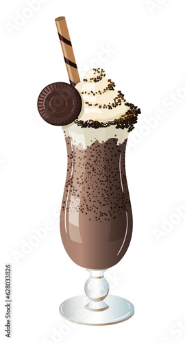Chocolate milkshake with cocoa topping and whipped cream decorated chocolate cookie. Ice coffee drink