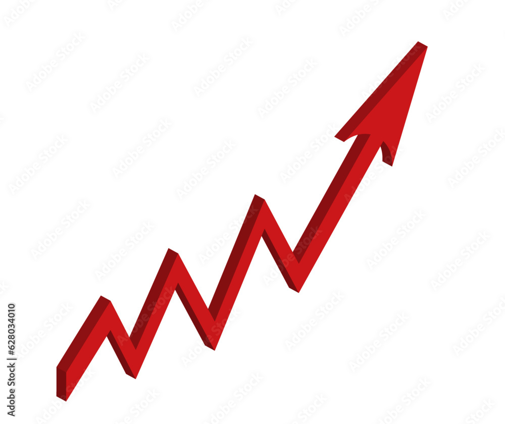 Red growing up 3d large arrow sign isolated on white background. Inflation Bar chart. Vector graph. Rising price. Finance and Economy. Market volatility. Recession. Infographics. Big data analytics. Red growing up 3d large arrow sign isolated on white background. Inflation Bar chart. Vector graph. Rising price. Finance and Economy. Market volatility. Recession. Infographics. Big data analytics.