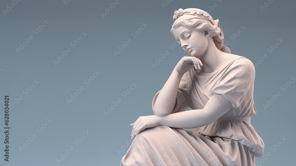 Marbel statue of Aphrodite in a thinks pose on a pastel background - obrazy, fototapety, plakaty 
