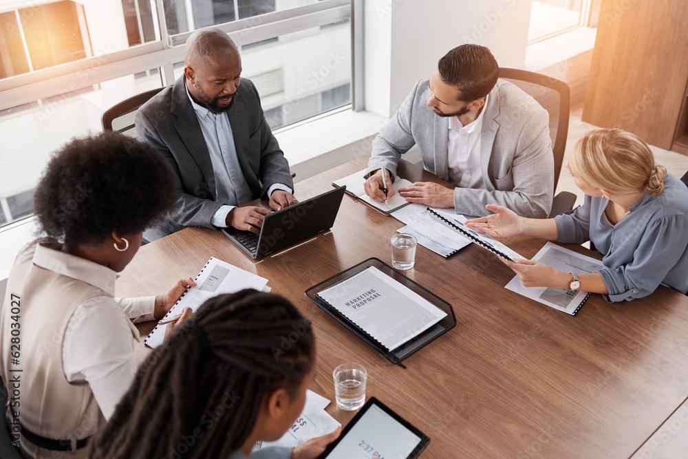 Business meeting, technology and people planning, management and collaboration for financial report or proposal. Diversity women, men and manager on laptop and documents for accounting workflow above Business meeting, technology and people planning, management and collaboration for financial report or proposal. Diversity women, men and manager on laptop and documents for accounting workflow above