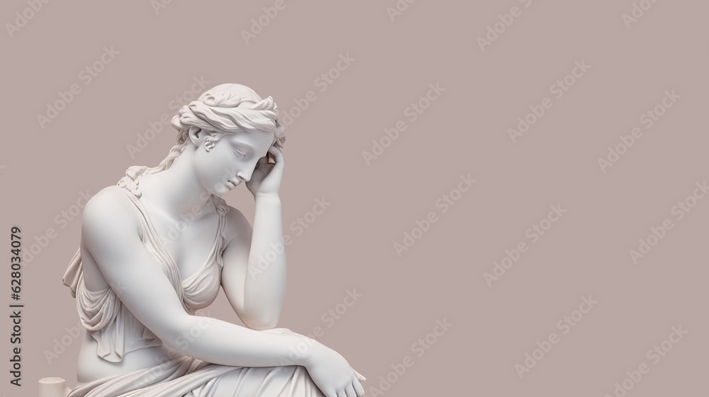 Marbel statue of Aphrodite in a thinks pose on a pastel background - obrazy, fototapety, plakaty 