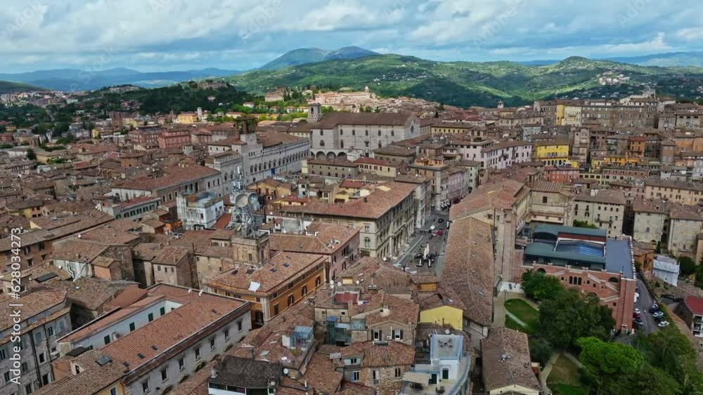 Aerial of the town of Borgo XX Giugno and the Convent of San Domenico (Basilica di San Domenico), Perugia, Province of Perugia, Italy. Drone orbit shot Aerial of the town of Borgo XX Giugno and the Convent of San Domenico (Basilica di San Domenico), Perugia, Province of Perugia, Italy. Drone orbit shot