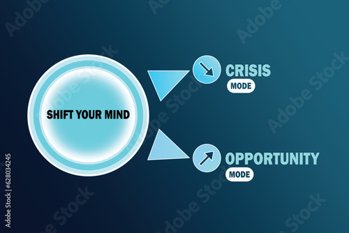 A knob to turn crisis into an opportunity. Business concept Vector illustration of strategic solution with icons on blue gradient background.