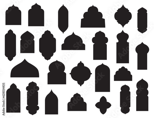 Vector set of islamic shape traditional window. Collection arabian black shapes icon isolated on white. Oriental frames