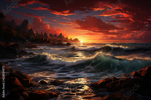A vibrant and fiery sunrise over a tranquil seascape, with the sun's rays painting the sky in shades of orange, pink, and gold. Generative AI technology.